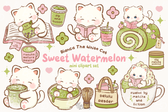 Download Kawaii Bookish Matcha Cat Clipart - Kawaii Collection