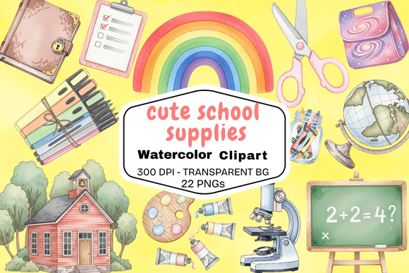 Download Cute Watercolor School Supply Clipart - Watercolor Collection
