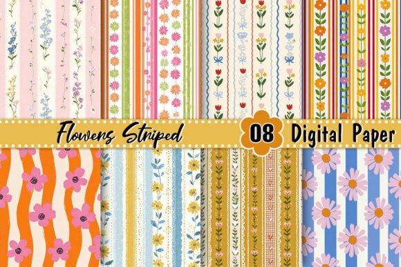 Download Flowers Striped Digital Paper - Flower Collection