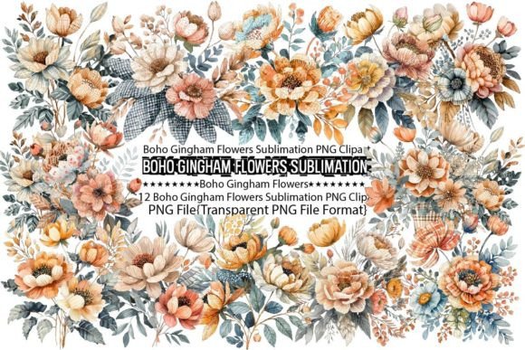 Download Boho Gingham Flowers Sublimation Bundle - Flower Collection