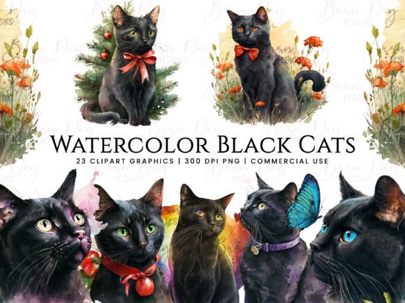 Download Watercolor Black Cats Clipart Bundle - Watercolor Collection