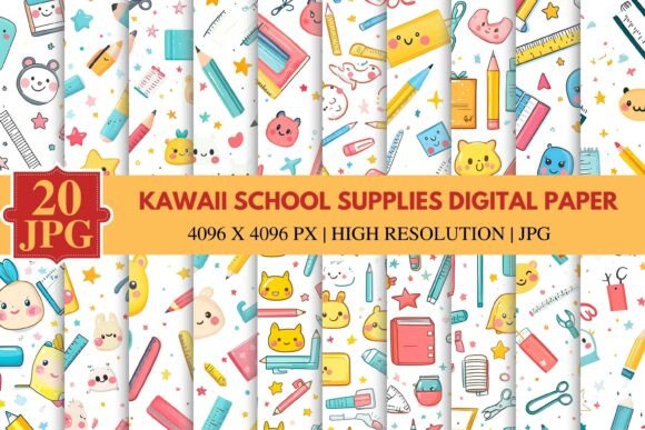 Download Kawaii School Supplies Digital Paper - Kawaii Collection