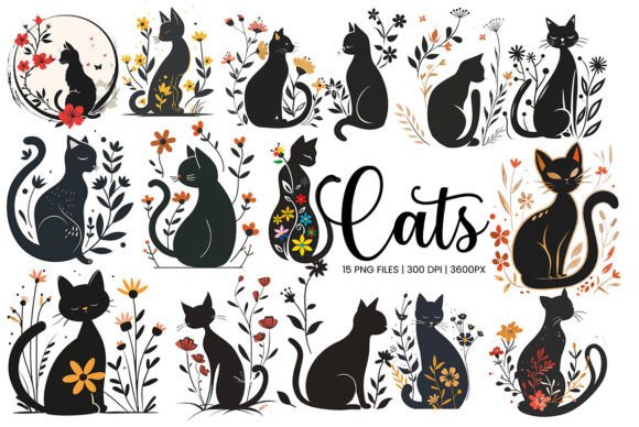 Download Black Cats and Flowers Clip Art Png - Flower Collection