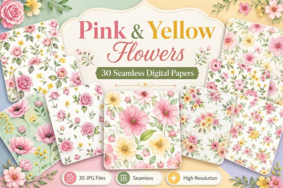 Download Pink &amp; Yellow Flowers Digital Pattern - Flower Collection