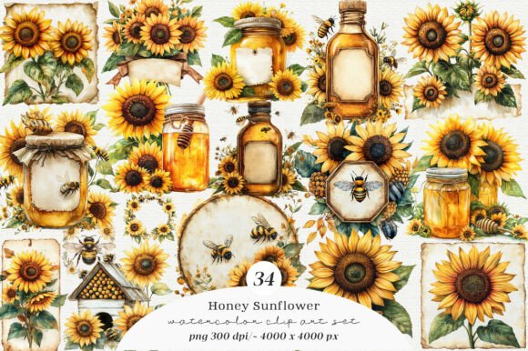Download Vintage Bee Honey Sunflower Label PNG - Flower Collection
