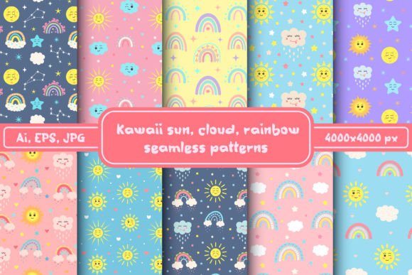 Download Kawaii Sun, Cloud, Rainbow Patterns Set - Kawaii Collection