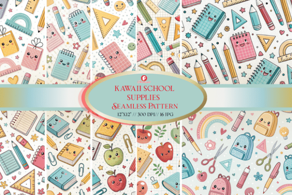 Download Kawaii School Supplies Seamless Pattern - Kawaii Collection