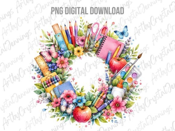Download Watercolor School Supply Wreath PNG - Watercolor Collection