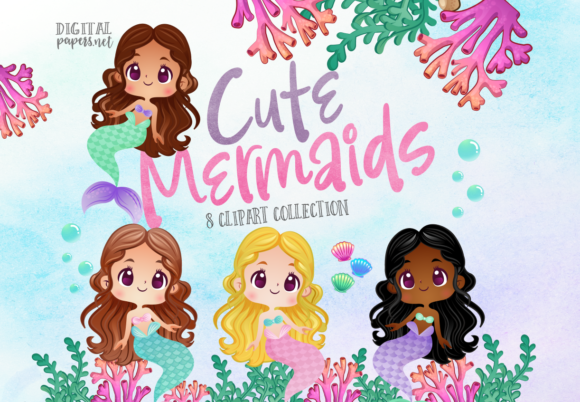 Download Watercolor Cute Mermaids - Watercolor Collection
